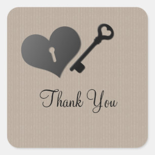 Beige Heart Lock and Key Thank You Stickers