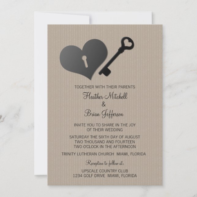 Beige Heart Lock and Key Wedding Invite (Front)