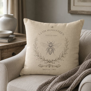Beige Honey Bee French Country Vintage Rustic Cushion