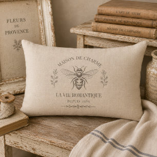 Beige Honey Bee French Country Vintage Rustic Lumbar Cushion