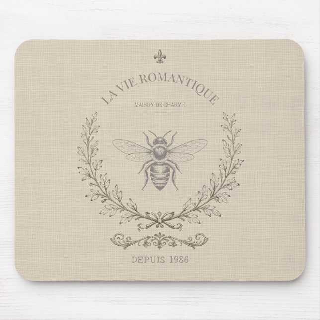 Beige Honey Bee French Country Vintage Rustic  Mouse Pad (Front)