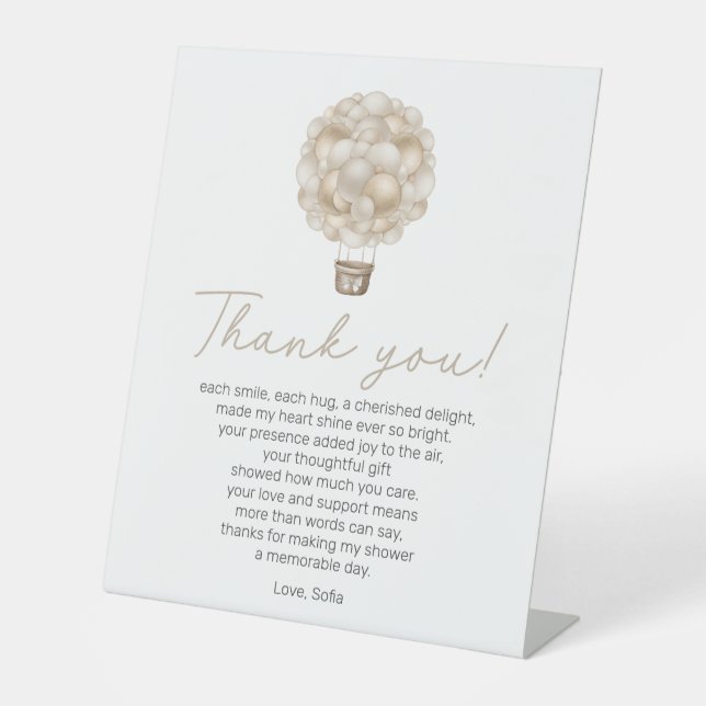 Beige Hot Air Balloon Baby Shower Thank You Poem Pedestal Sign (Front)