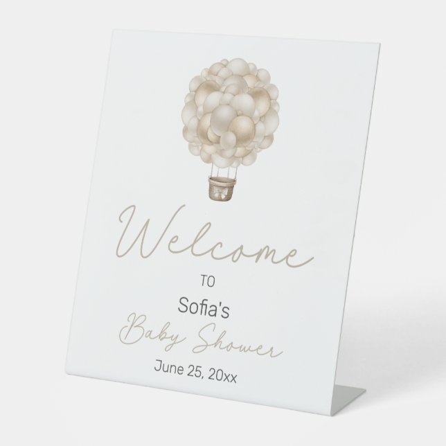 Beige Hot Air Balloon Baby Shower Welcome Pedestal Sign (Front)