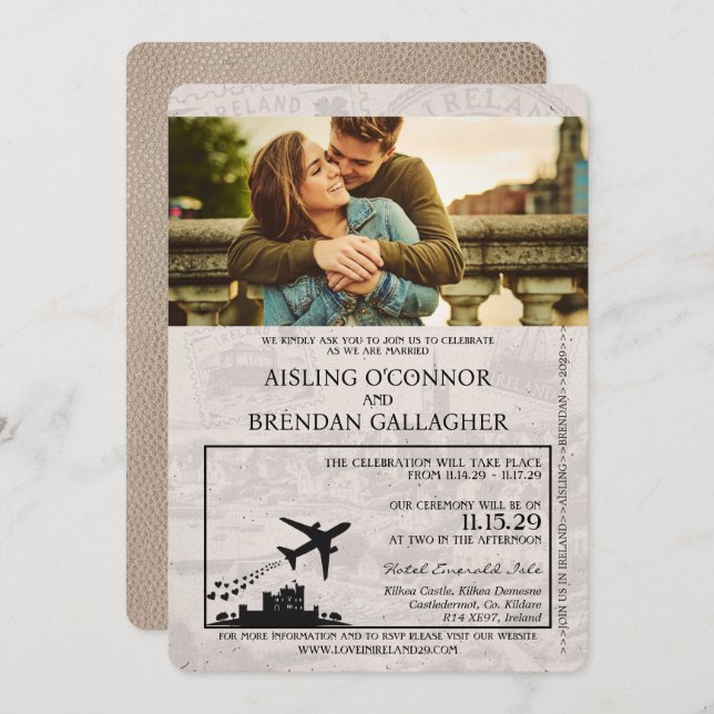 Beige Ireland Passport Wedding Invitation (Front/Back)