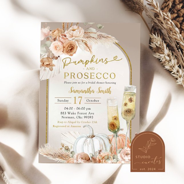 Beige Ivory Boho Pumpkin & Prosecco Bridal Shower Invitation (Creator Uploaded)