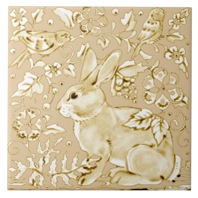 Beige Ivory Bunny Rabbit Bird Floral Leaf Scroll Ceramic Tile (Front)
