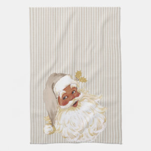 Beige Ivory Vintage Santa Claus of Color Tea Towel