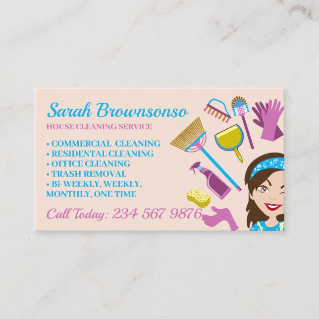 Beige Janitor Lady Cartoon Girl House Cleaning Business Card (Front)