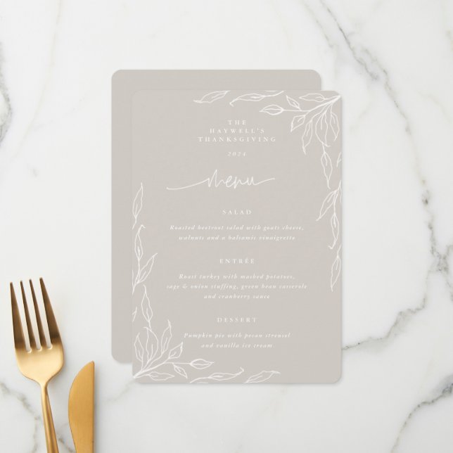 Beige Leaf Motif Thanksgiving Dinner Menu (Front/Back In Situ)