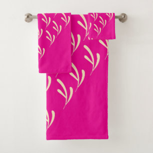 Beige Leaf Repeat Hot Pink     Bath Towel Set
