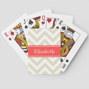 Beige Lg Chevron Coral Red Name Monogram Playing Cards