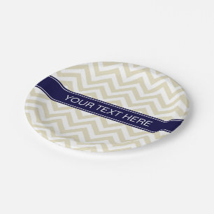 Beige Lg Chevron Navy Blue Name Monogram Paper Plate