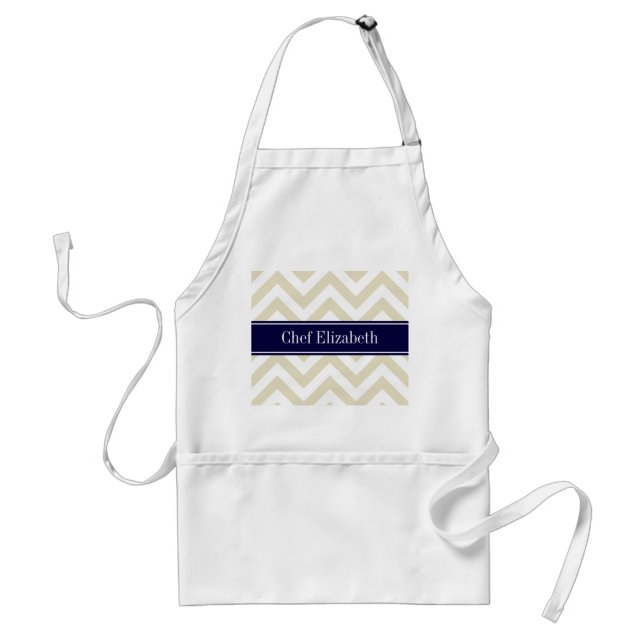 Beige Lg Chevron Navy Blue Name Monogram Standard Apron (Front)