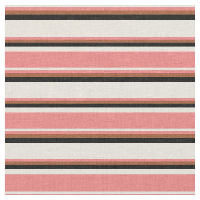 Beige, Light Coral, Sienna & Black Stripes Fabric (Close Up)
