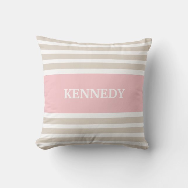 Beige Light Pink Stripes Monogram Cushion (Front)