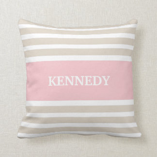 Beige Light Pink Stripes Monogram Cushion