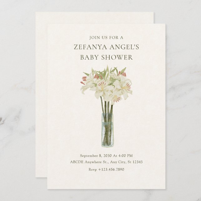 Beige lily flower in vase minimalist baby shower invitation (Front/Back)