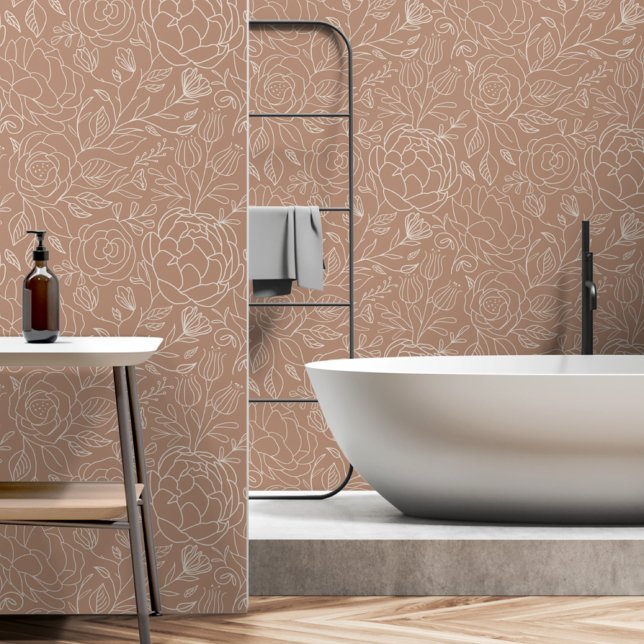 Beige Line Drawing Floral Botanical Pattern Wallpaper (Creator Uploaded)