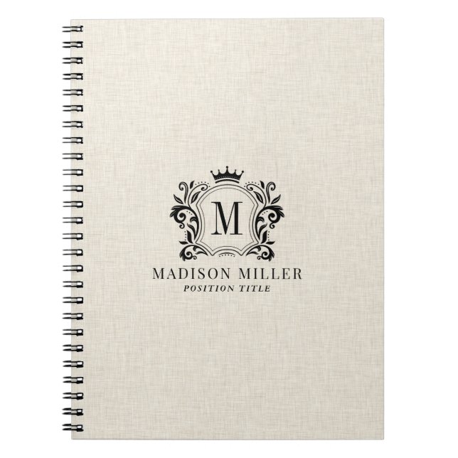 Beige Linen Black Royal Crest Crown Monogram Notebook (Front)