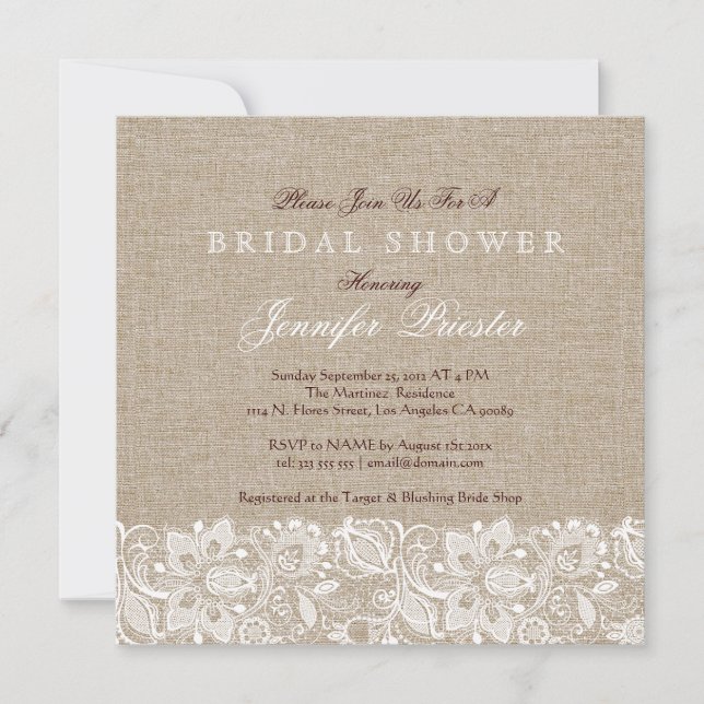 Beige Linen Burlap & White Floral Lace 2 Invite (Front)
