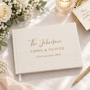 Beige Linen Cream Minimalist Script Chic Wedding Guest Book