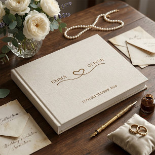 Beige Linen Cream Minimalist Script Heart Wedding Guest Book