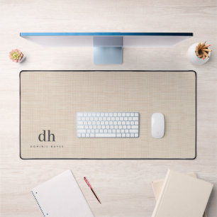 Beige Linen Creme Texture Minimal Elegant Monogram Desk Mat