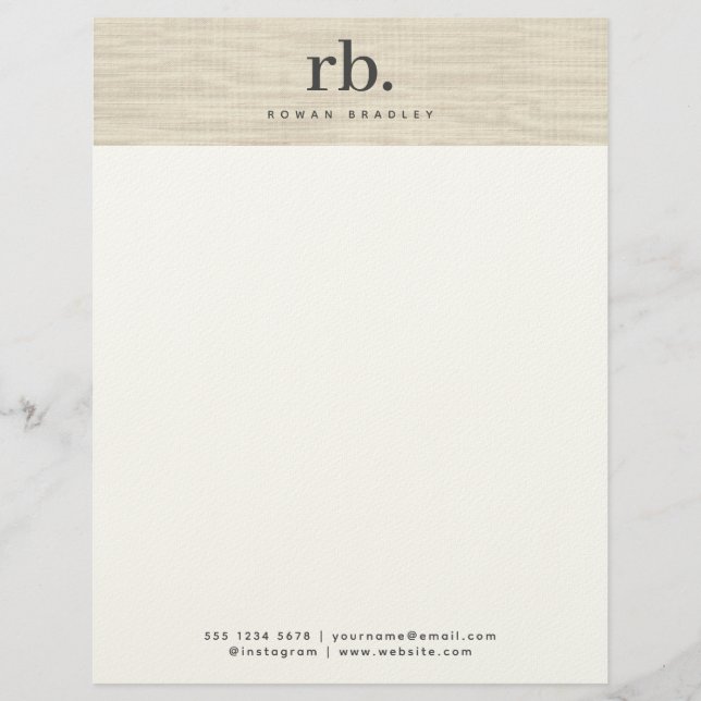 Beige Linen Creme Texture Simple Elegant Monogram Custom Letterhead (Front)
