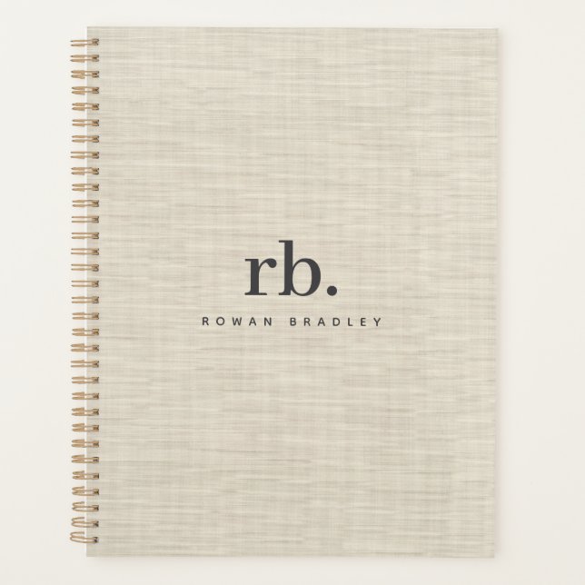 Beige Linen Creme Texture Simple Elegant Monogram Planner (Front)