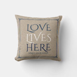 Beige Linen & Custom  Text-Love Lives Here Cushion