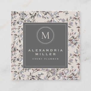 Beige Linen Elegant Floral Monogram Medallion Square Business Card