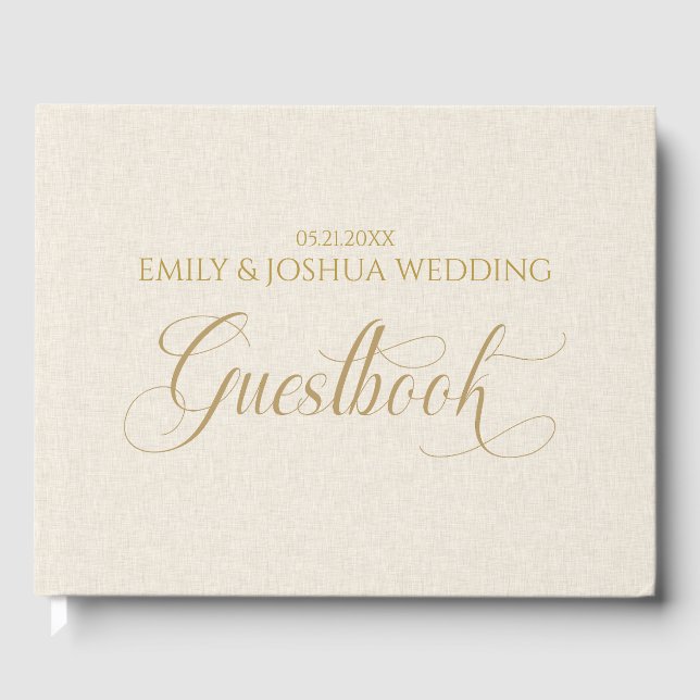 Beige Linen Gold Guestbook Script Typography (Front)
