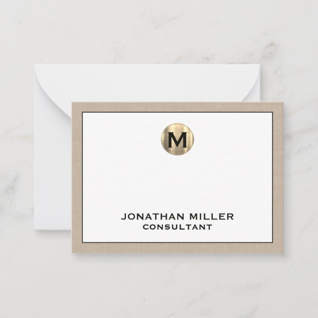 Beige Linen Gold Initial Monogram Card (Front)