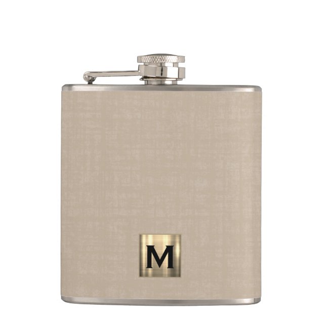 Beige Linen Gold Monogram Hip Flask (Front)