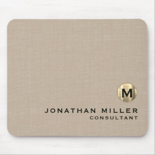 Beige Linen Gold Monogram Mouse Pad