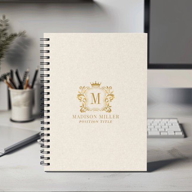 Beige Linen Gold Royal Crest Crown Monogram Notebook (Creator Uploaded)