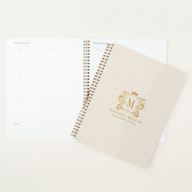 Beige Linen Gold Royal Crest Crown Monogram Planner (Display)