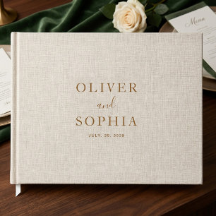 Beige Linen Gold Script Minimalist Wedding Guest Book