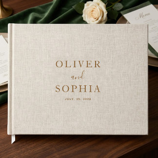 Beige Linen Gold Script Minimalist Wedding Guest Book