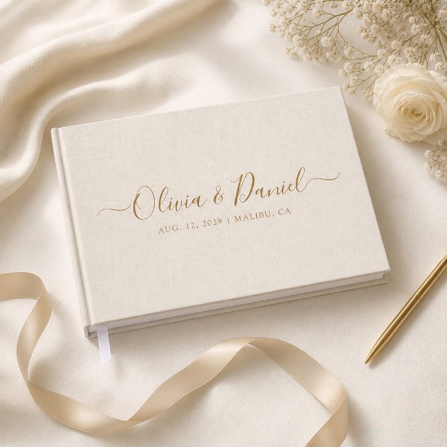 Beige Linen Gold Scripts Chic Minimalist Wedding Guest Book (Creator Uploaded)