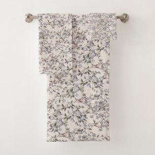 Beige Linen & Grey Dainty Floral Pattern Bath Towel Set