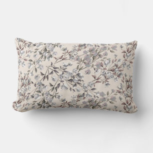 Beige Linen & Grey Elegant Dainty Floral Pattern Lumbar Cushion
