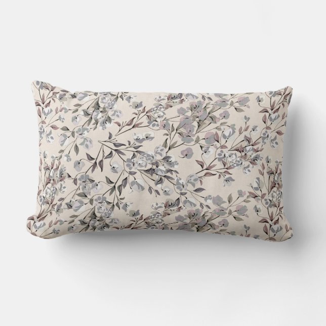 Beige Linen & Grey Elegant Dainty Floral Pattern Lumbar Cushion (Front)