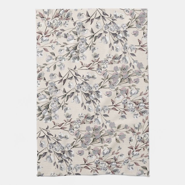 Beige Linen & Grey Elegant Dainty Floral Pattern Tea Towel (Vertical)