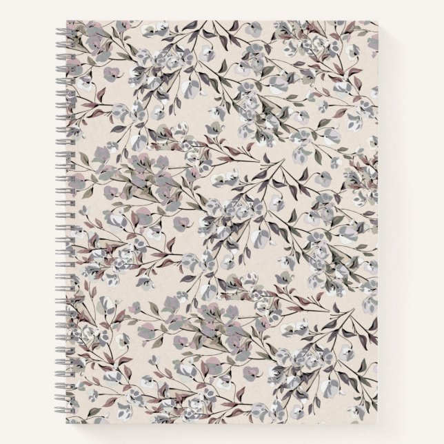 Beige Linen & Grey Elegant Floral Pattern Notebook (Front)