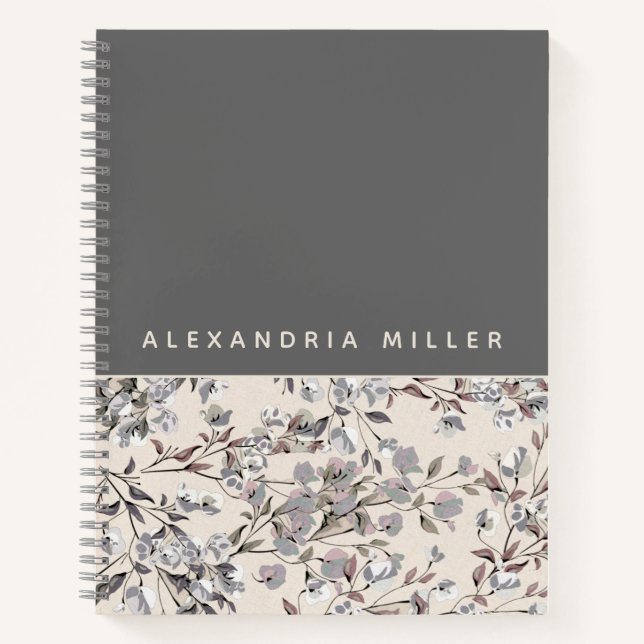 Beige Linen & Grey Floral | Personalised Name Notebook (Front)