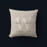 Beige Linen Grey Ivory Monogram Wedding Keepsake Cushion<br><div class="desc">Elegant wedding keepsake beige woven linen effect pillow with your text in dark grey chic handwritten script calligraphy. Simply add your names, monogram and wedding date. Great gift for a newlywed couple. Exclusively designed for you by Happy Dolphin Studio. If you need any help or matching products, please contact us...</div>