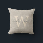 Beige Linen Grey Ivory Monogram Wedding Keepsake Cushion<br><div class="desc">Elegant wedding keepsake beige woven linen effect pillow with your text in dark grey chic handwritten script calligraphy. Simply add your names, monogram and wedding date. Great gift for a newlywed couple. Exclusively designed for you by Happy Dolphin Studio. If you need any help or matching products, please contact us...</div>