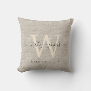 Beige Linen Grey Ivory Monogram Wedding Keepsake Cushion