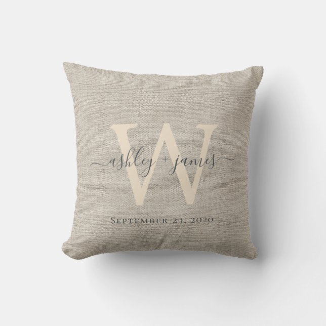 Beige Linen Grey Ivory Monogram Wedding Keepsake Cushion (Front)